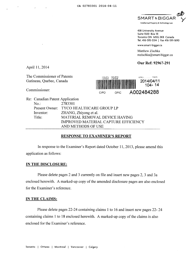 Canadian Patent Document 2783301. Prosecution-Amendment 20131211. Image 1 of 17