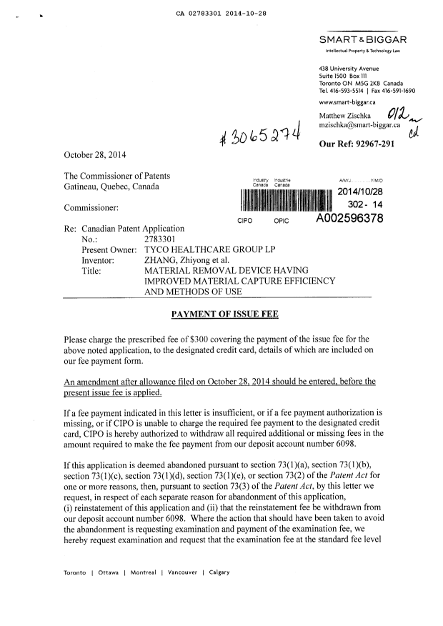Canadian Patent Document 2783301. Correspondence 20131228. Image 1 of 2