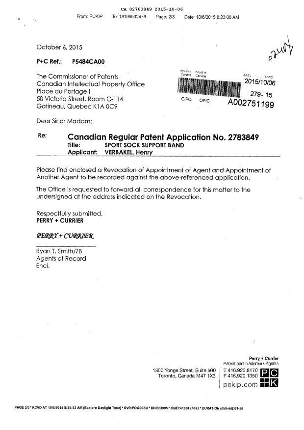 Document de brevet canadien 2783849. Correspondance 20141206. Image 1 de 3