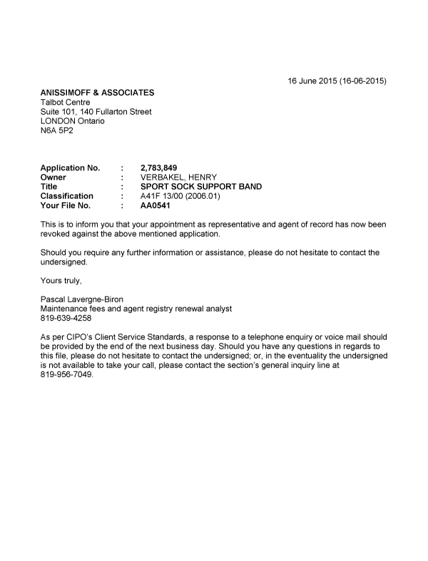 Document de brevet canadien 2783849. Correspondance 20141216. Image 1 de 1