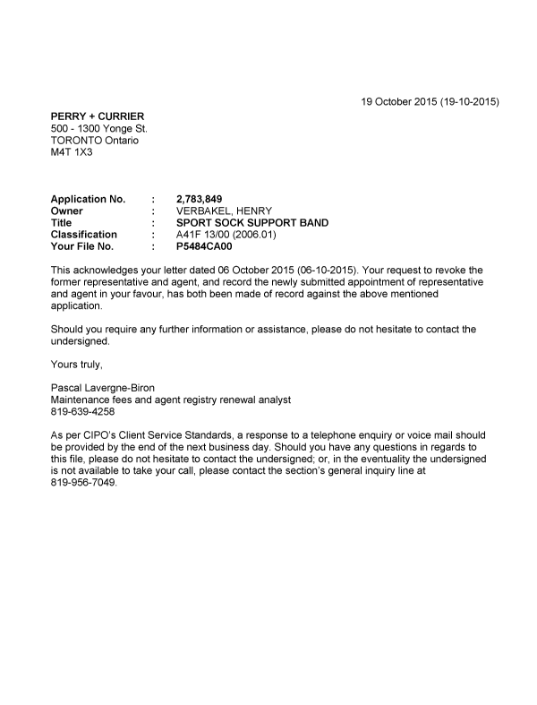 Document de brevet canadien 2783849. Lettre du bureau 20151019. Image 1 de 1