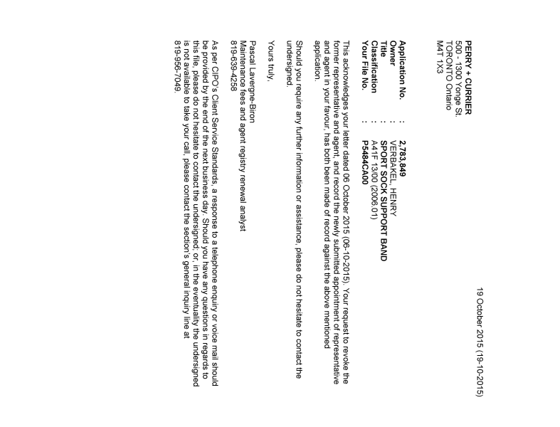 Canadian Patent Document 2783849. Office Letter 20151019. Image 1 of 1