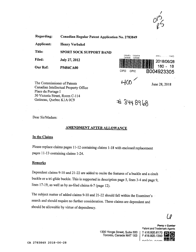 Document de brevet canadien 2783849. Modification après acceptation 20180628. Image 1 de 6