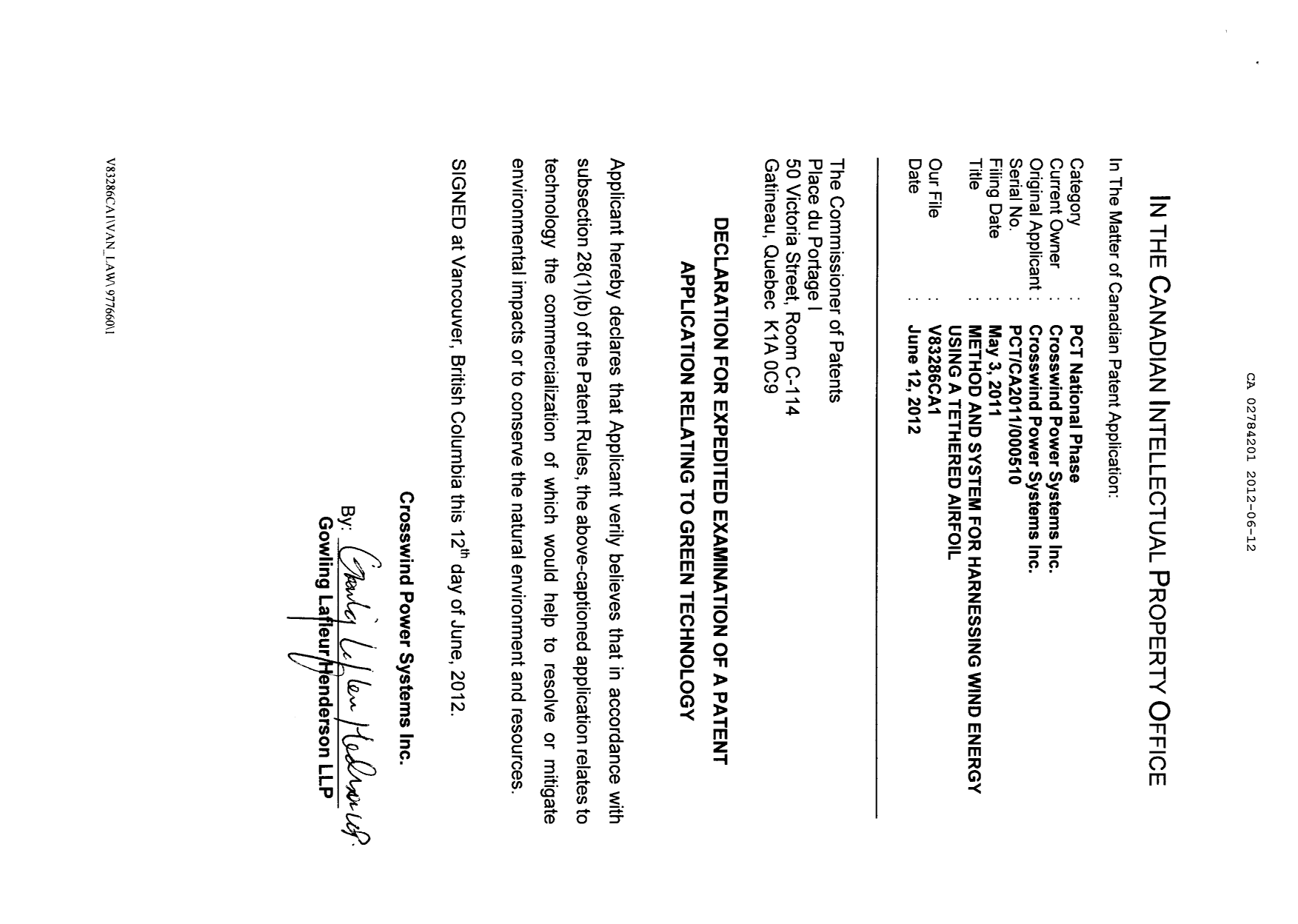 Document de brevet canadien 2784201. Poursuite-Amendment 20120612. Image 1 de 1
