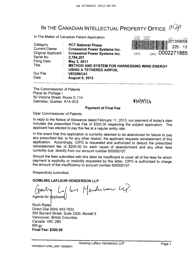 Document de brevet canadien 2784201. Correspondance 20121209. Image 1 de 1