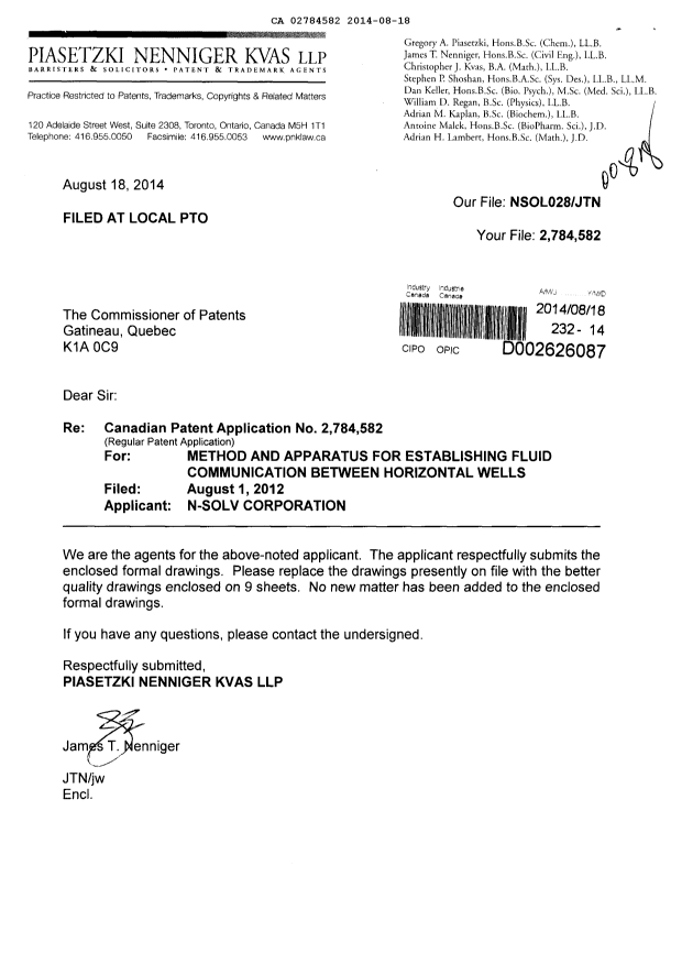 Canadian Patent Document 2784582. Prosecution-Amendment 20140818. Image 1 of 10
