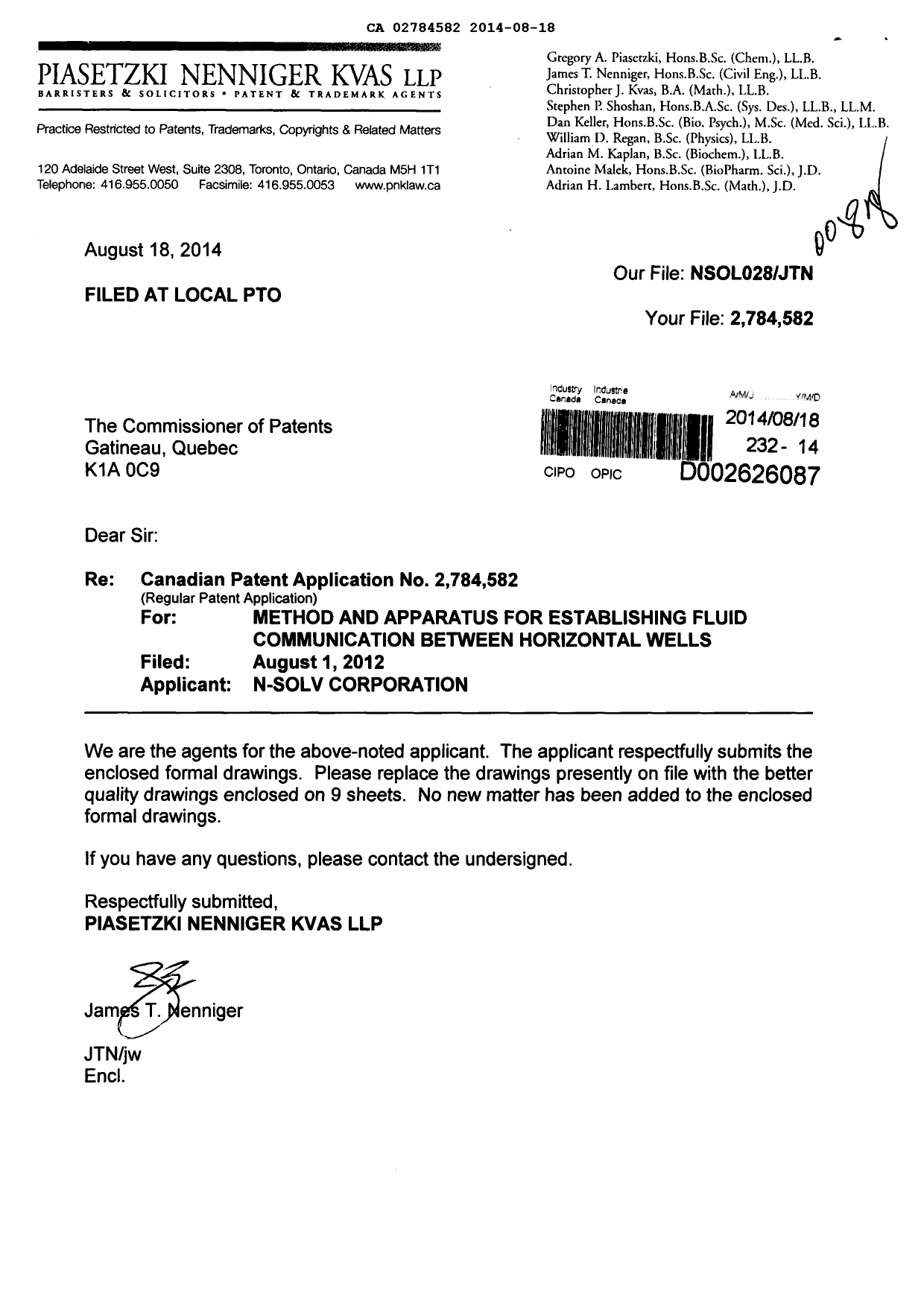 Canadian Patent Document 2784582. Prosecution-Amendment 20140818. Image 1 of 10