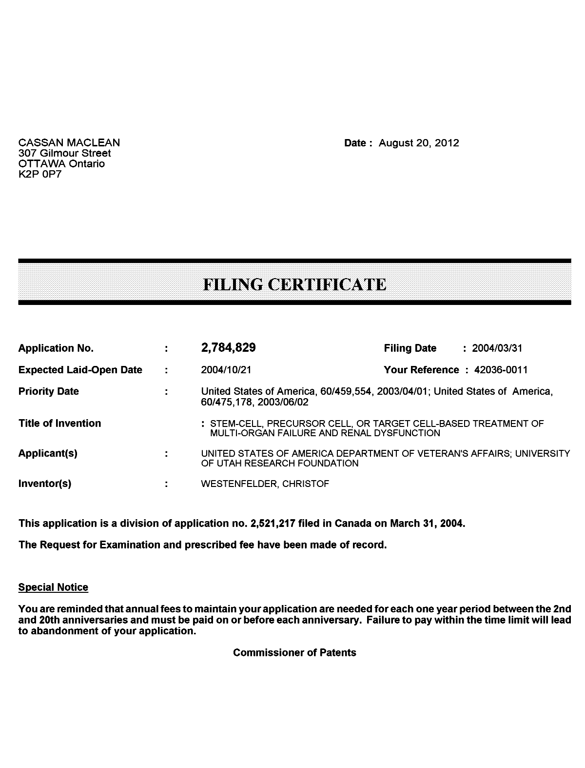 Canadian Patent Document 2784829. Correspondence 20120820. Image 1 of 1