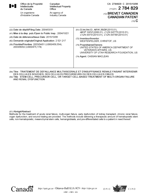 Document de brevet canadien 2784829. Page couverture 20150910. Image 1 de 1