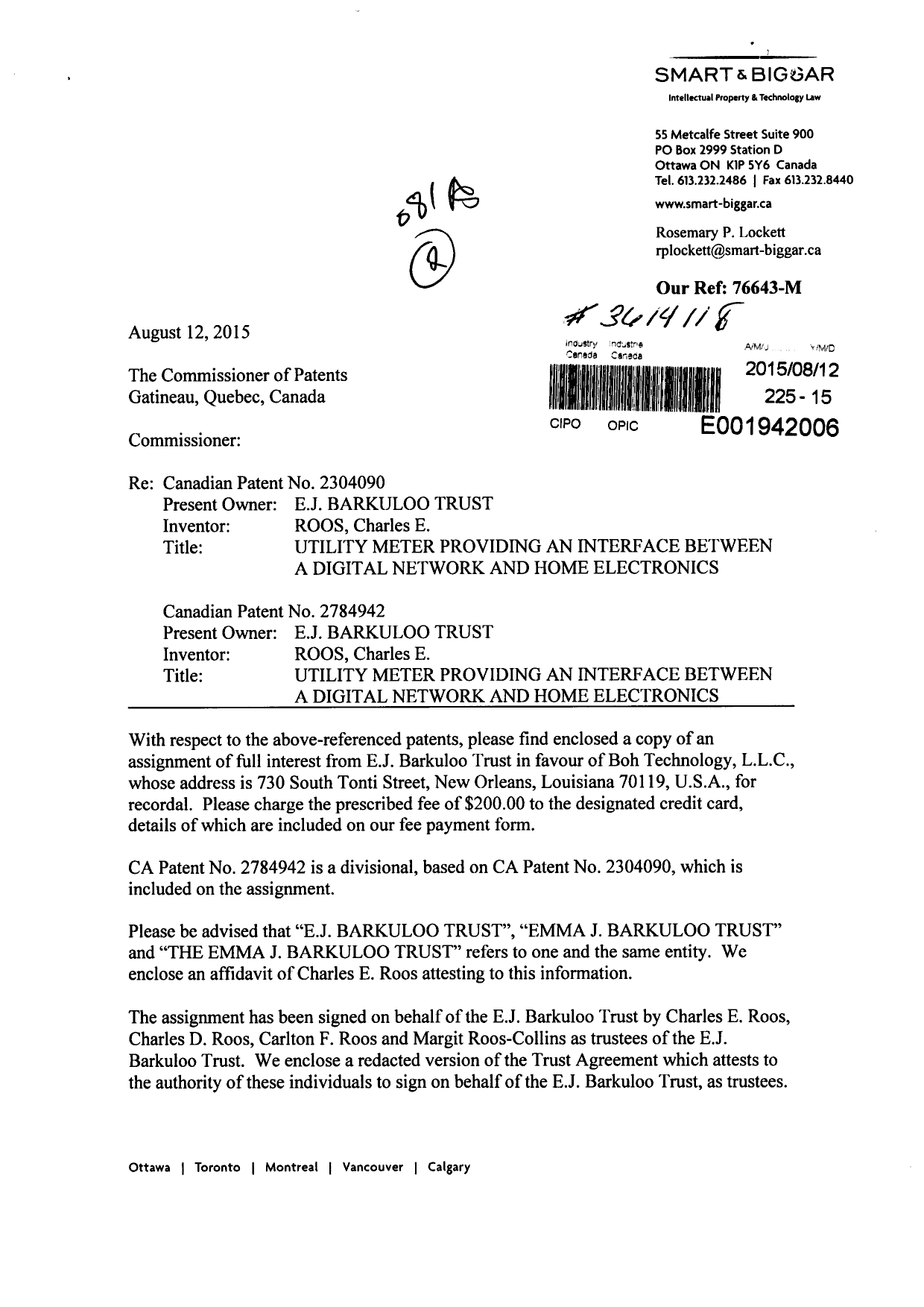 Canadian Patent Document 2784942. Assignment 20150818. Image 1 of 22