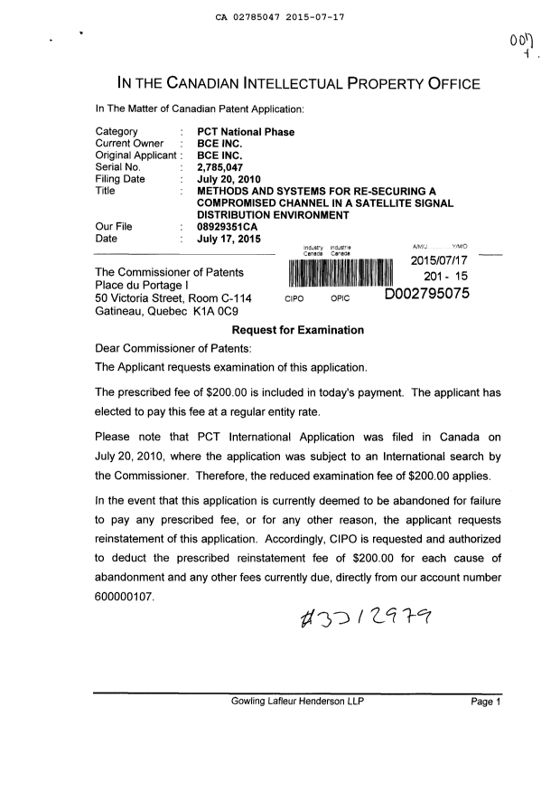 Document de brevet canadien 2785047. Poursuite-Amendment 20141217. Image 1 de 2