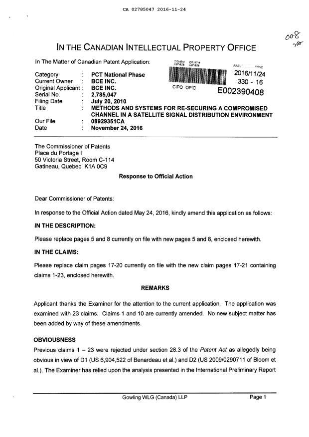 Canadian Patent Document 2785047. Prosecution-Amendment 20151224. Image 1 of 11
