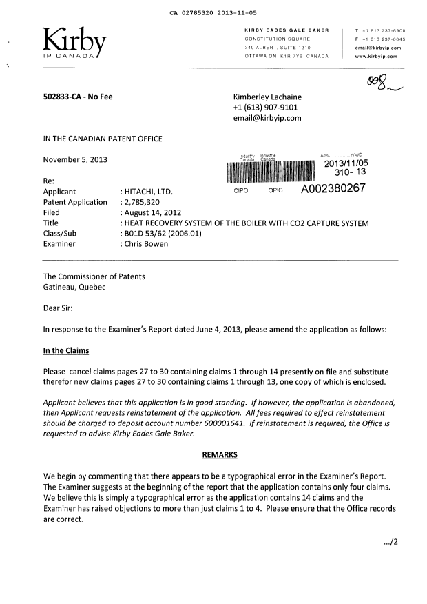 Canadian Patent Document 2785320. Prosecution-Amendment 20131105. Image 1 of 7
