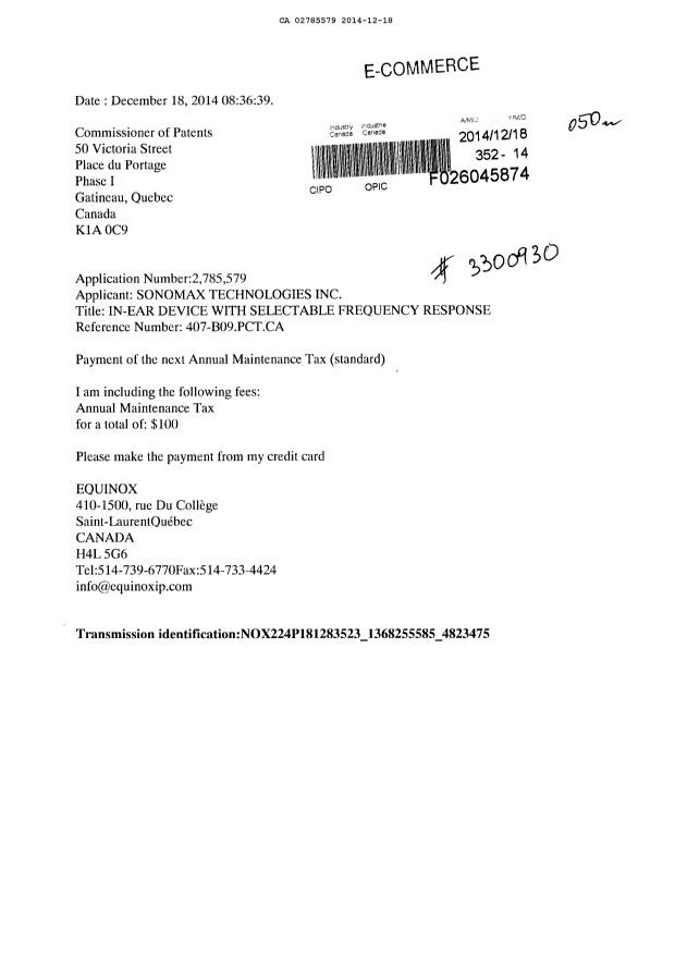Document de brevet canadien 2785579. Taxes 20141218. Image 1 de 1