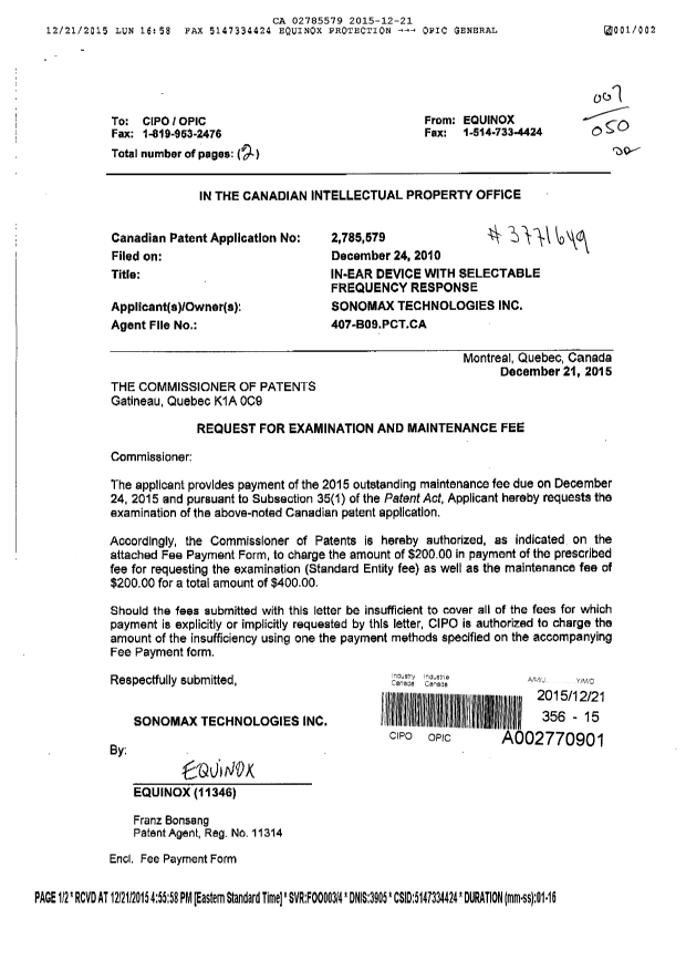 Document de brevet canadien 2785579. Poursuite-Amendment 20151221. Image 1 de 1