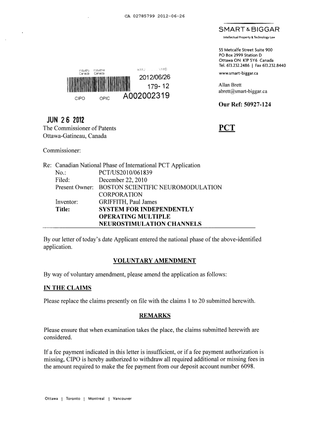 Canadian Patent Document 2785799. Prosecution-Amendment 20120626. Image 1 of 7