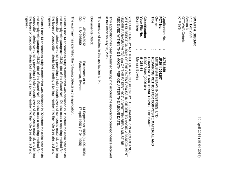 Canadian Patent Document 2785859. Prosecution-Amendment 20140410. Image 1 of 2