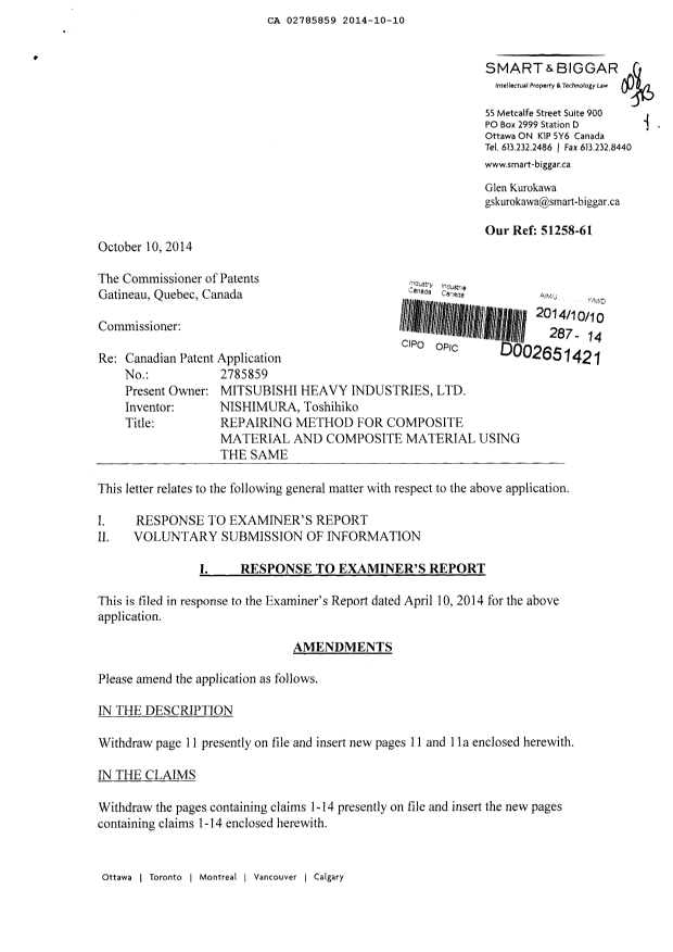 Canadian Patent Document 2785859. Prosecution-Amendment 20141010. Image 1 of 9