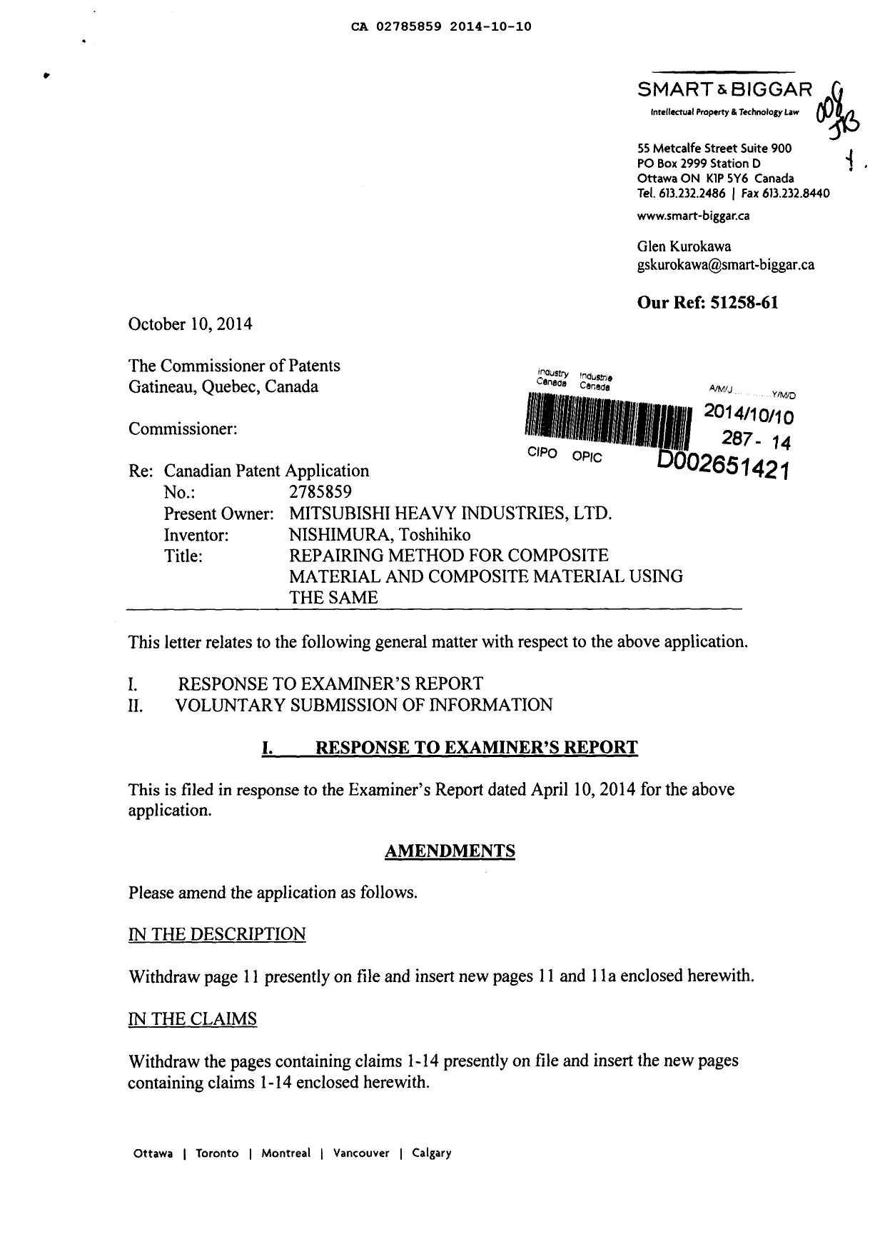 Canadian Patent Document 2785859. Prosecution-Amendment 20141010. Image 1 of 9