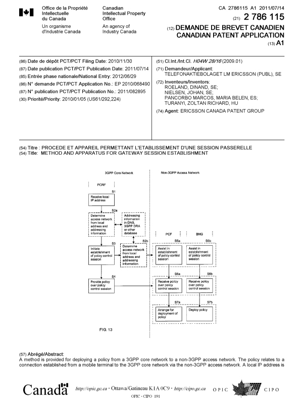 Document de brevet canadien 2786115. Page couverture 20121003. Image 1 de 2