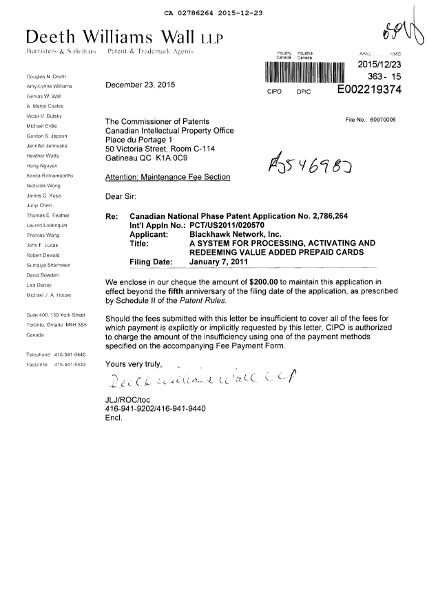 Canadian Patent Document 2786264. Maintenance Fee Payment 20151223. Image 1 of 1