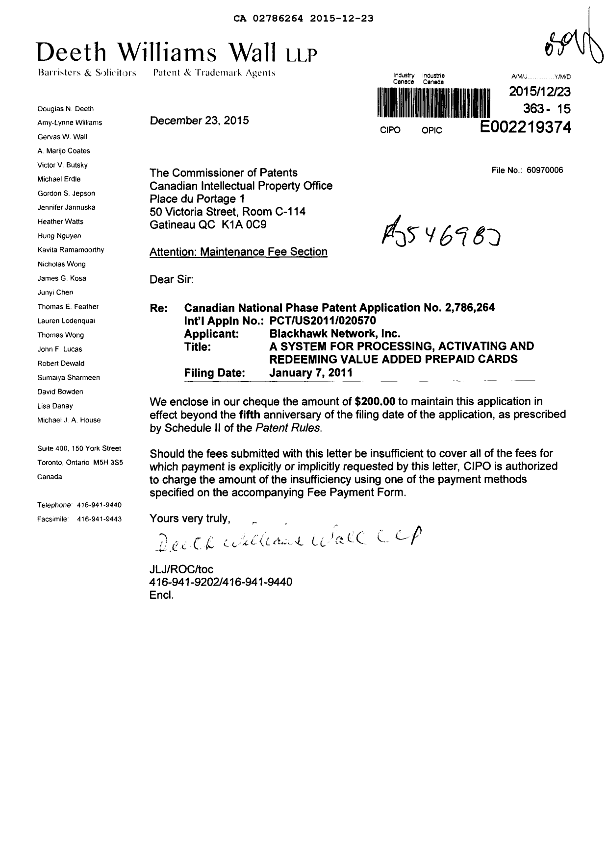 Canadian Patent Document 2786264. Maintenance Fee Payment 20151223. Image 1 of 1