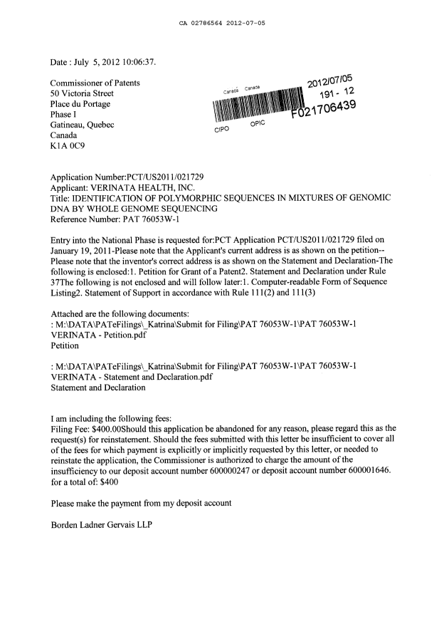 Document de brevet canadien 2786564. Cession 20120705. Image 1 de 8