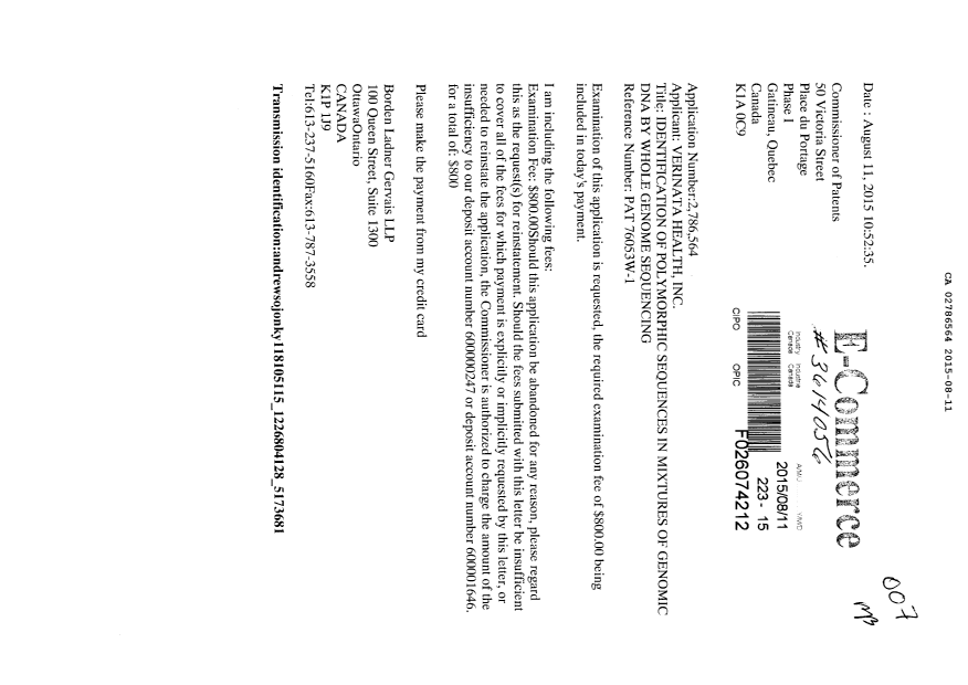 Document de brevet canadien 2786564. Requête d'examen 20150811. Image 1 de 1