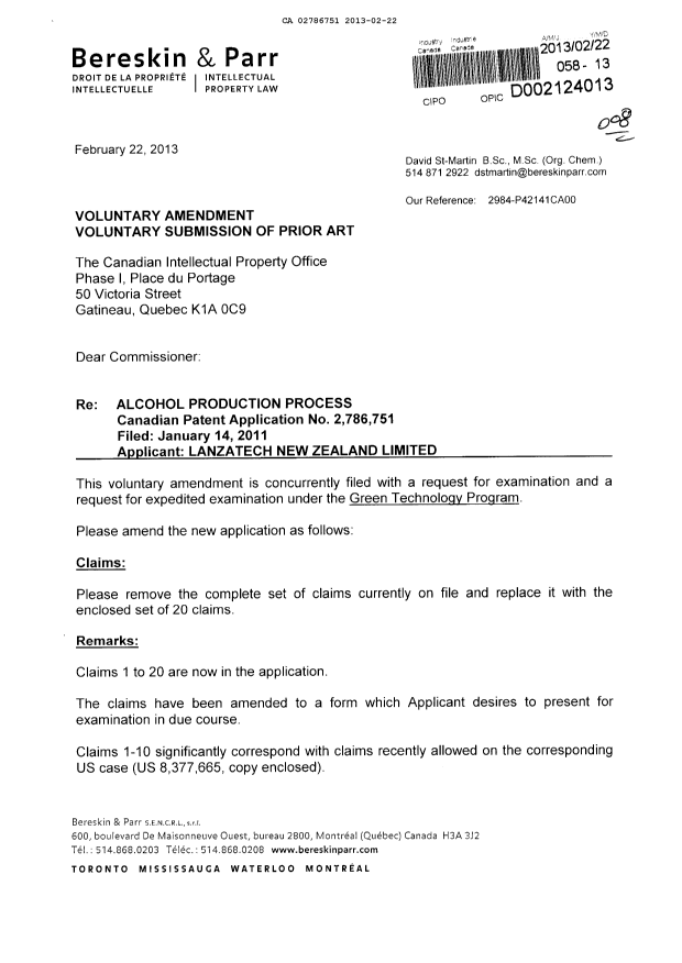 Canadian Patent Document 2786751. Prosecution-Amendment 20130222. Image 1 of 4