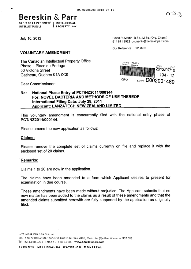 Canadian Patent Document 2786903. Prosecution-Amendment 20111210. Image 1 of 4