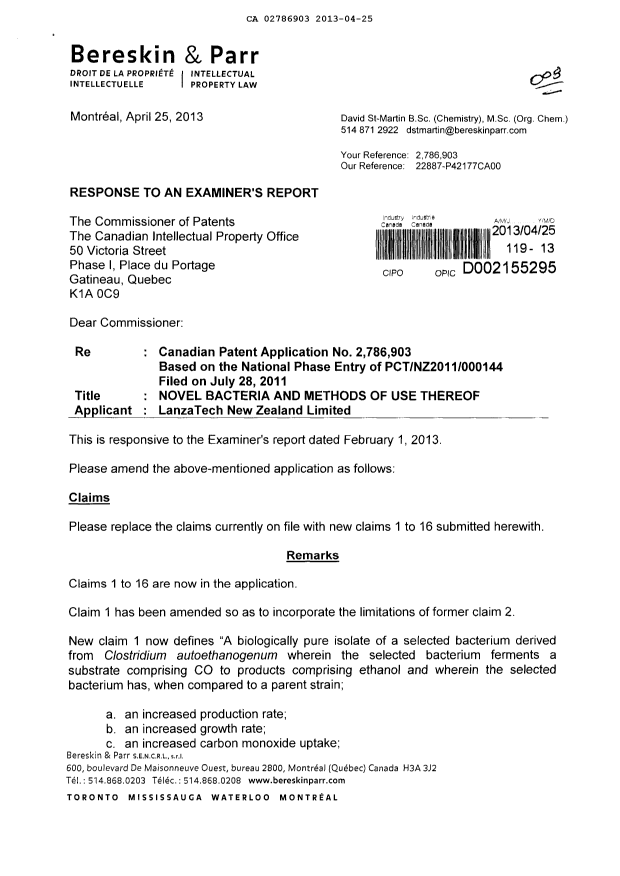 Canadian Patent Document 2786903. Prosecution-Amendment 20121225. Image 1 of 7