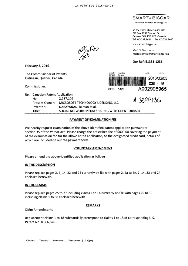 Canadian Patent Document 2787104. Prosecution-Amendment 20151203. Image 1 of 28