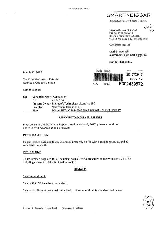 Canadian Patent Document 2787104. Prosecution-Amendment 20161217. Image 1 of 22