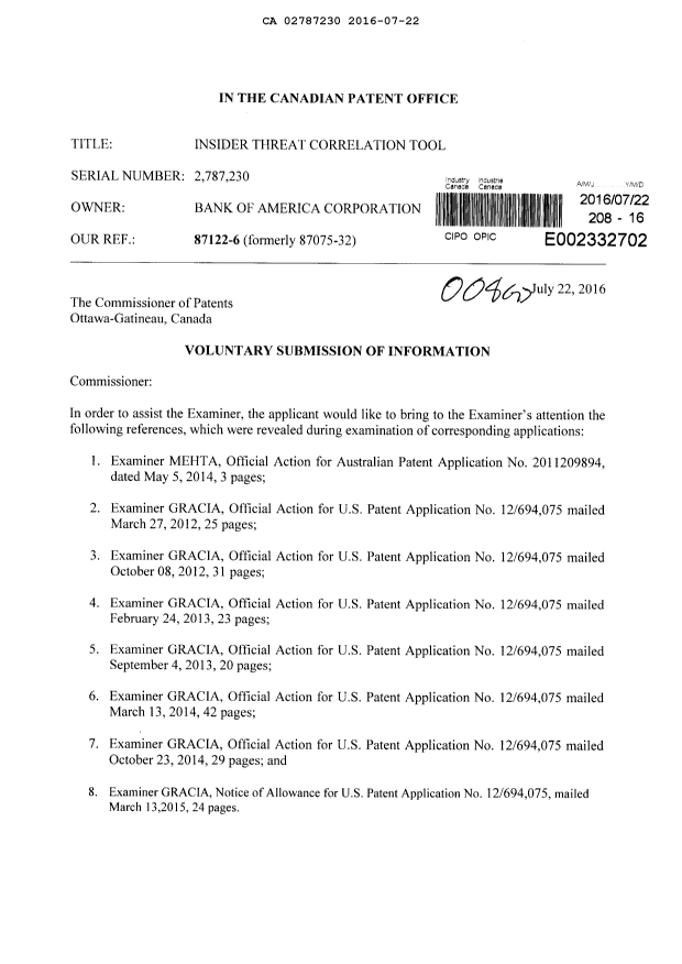 Document de brevet canadien 2787230. Poursuite-Amendment 20151222. Image 1 de 2
