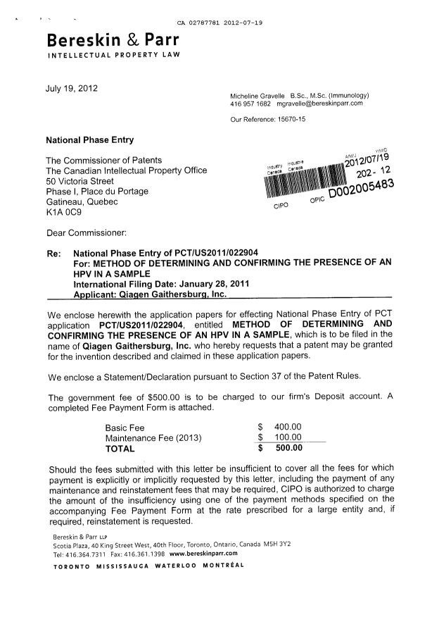 Document de brevet canadien 2787781. Cession 20120719. Image 1 de 5