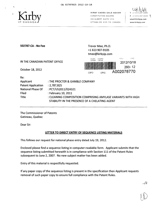 Canadian Patent Document 2787825. Prosecution-Amendment 20111218. Image 1 of 2