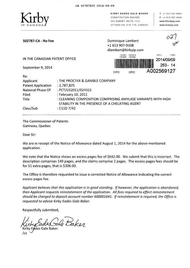 Canadian Patent Document 2787825. Prosecution-Amendment 20131209. Image 1 of 1