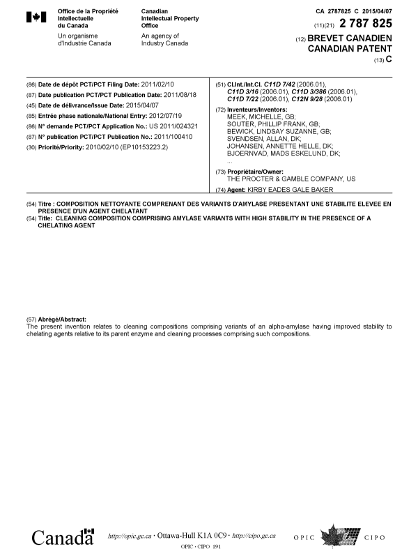 Canadian Patent Document 2787825. Cover Page 20141212. Image 1 of 2