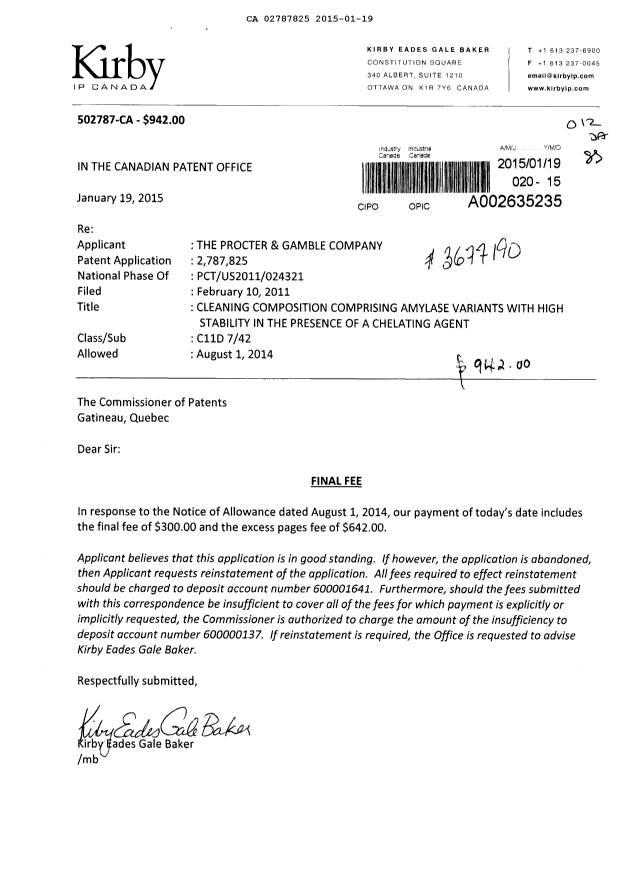 Canadian Patent Document 2787825. Correspondence 20141219. Image 1 of 1