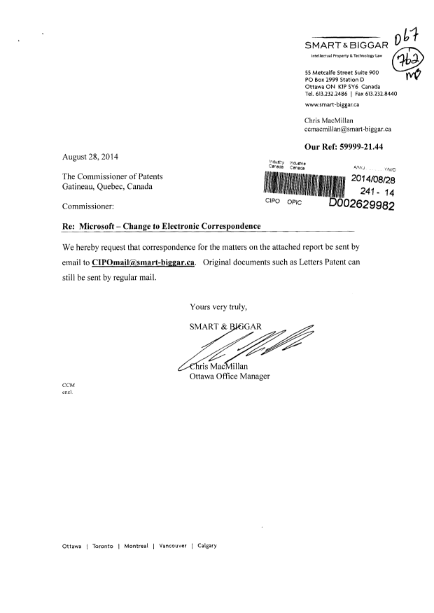 Document de brevet canadien 2788200. Correspondance 20131228. Image 1 de 2