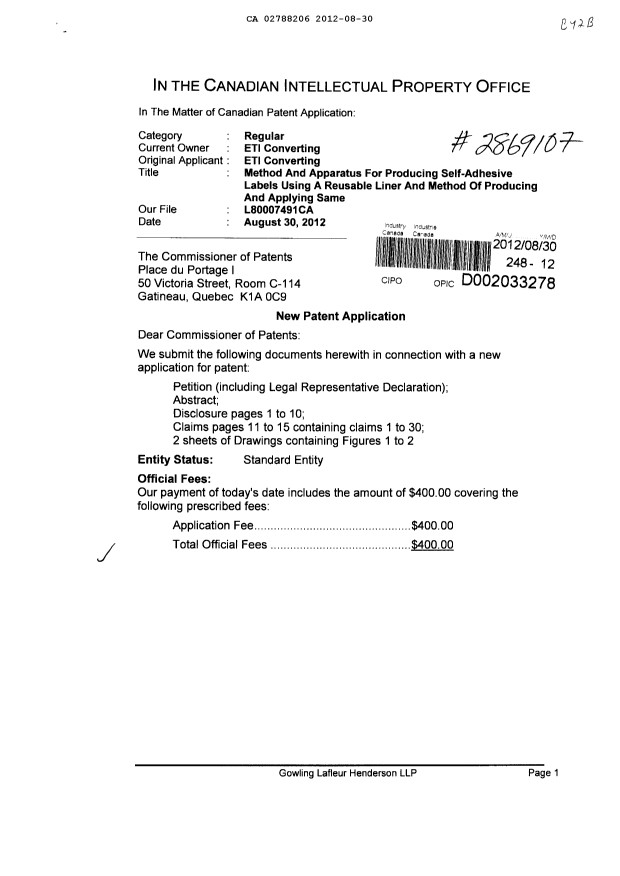 Canadian Patent Document 2788206. Assignment 20120830. Image 1 of 3