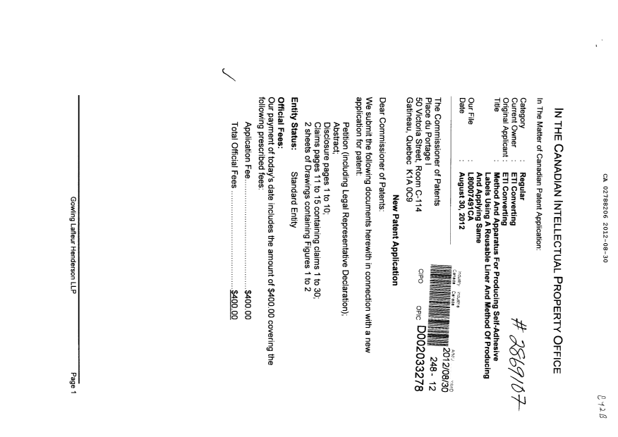 Document de brevet canadien 2788206. Cession 20120830. Image 1 de 3