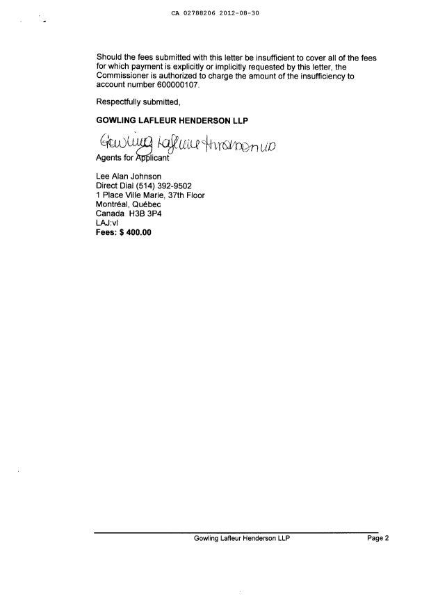 Document de brevet canadien 2788206. Cession 20120830. Image 2 de 3