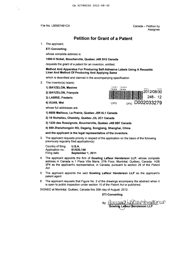 Document de brevet canadien 2788206. Cession 20120830. Image 3 de 3