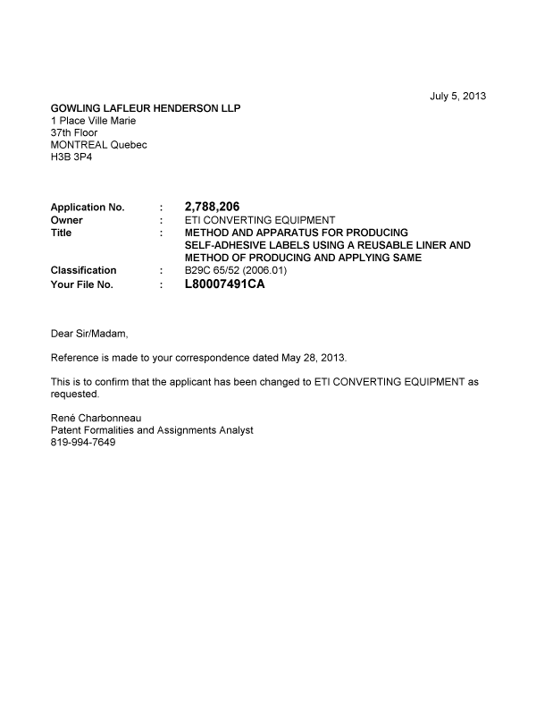 Document de brevet canadien 2788206. Correspondance 20121205. Image 1 de 1