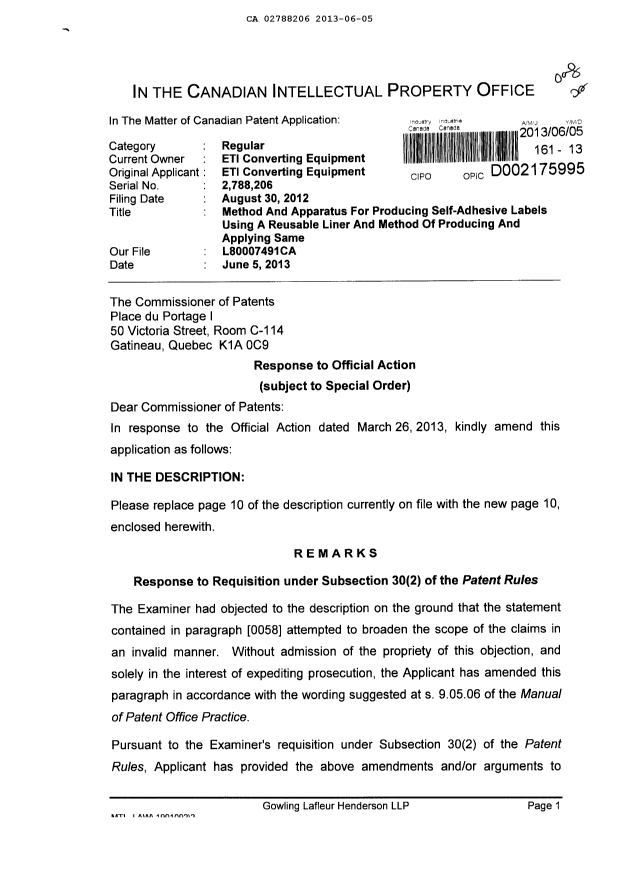 Canadian Patent Document 2788206. Prosecution-Amendment 20121205. Image 1 of 3