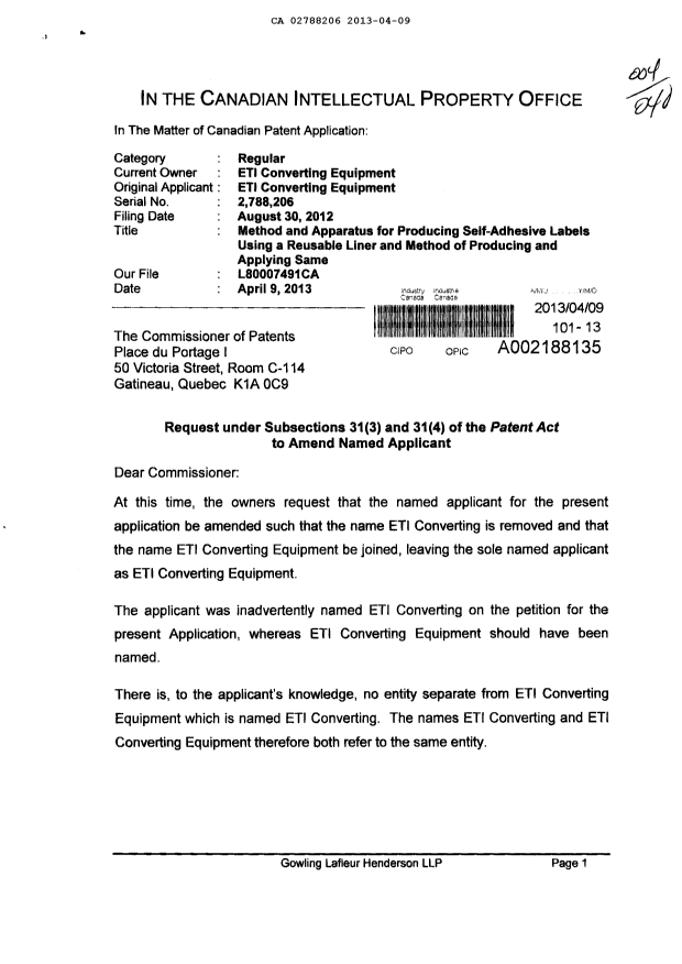 Canadian Patent Document 2788206. Correspondence 20121209. Image 1 of 4
