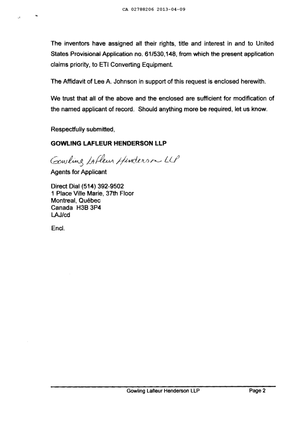 Document de brevet canadien 2788206. Correspondance 20121209. Image 2 de 4