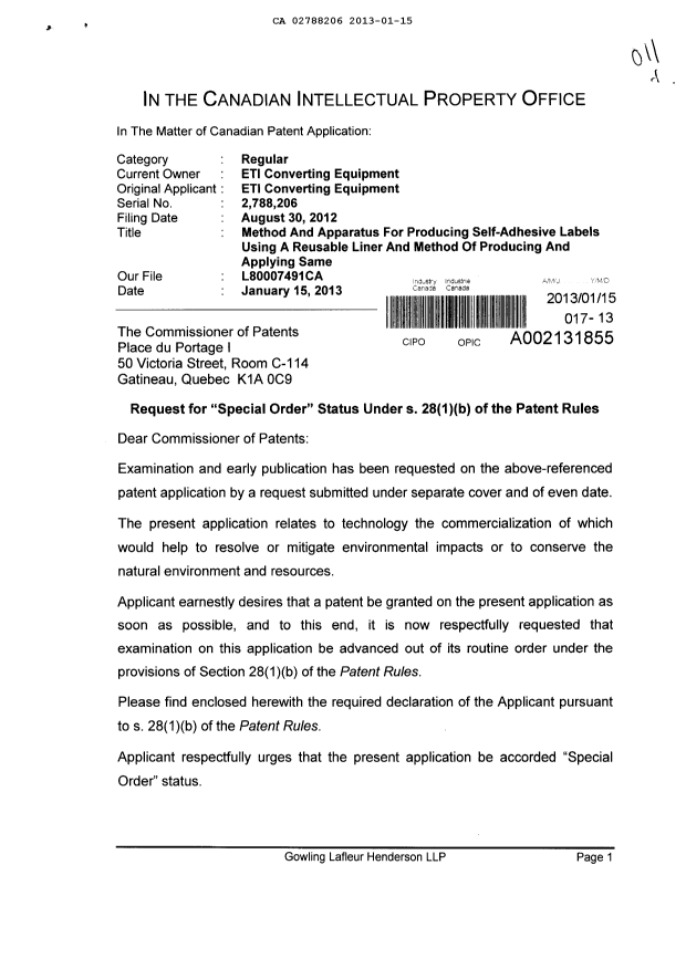 Document de brevet canadien 2788206. Poursuite-Amendment 20121215. Image 1 de 3