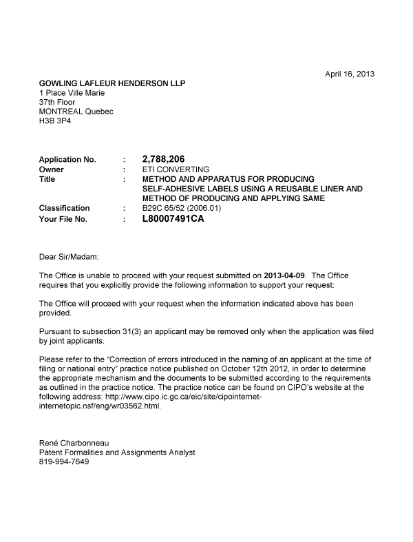 Canadian Patent Document 2788206. Correspondence 20121216. Image 1 of 1
